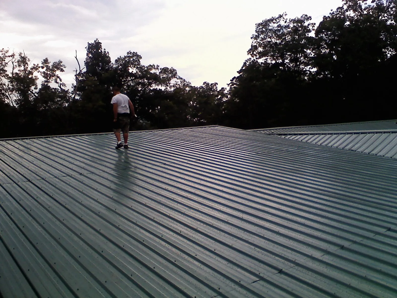 Roofer walking a wide expanse of new green metal roofing in Kershaw