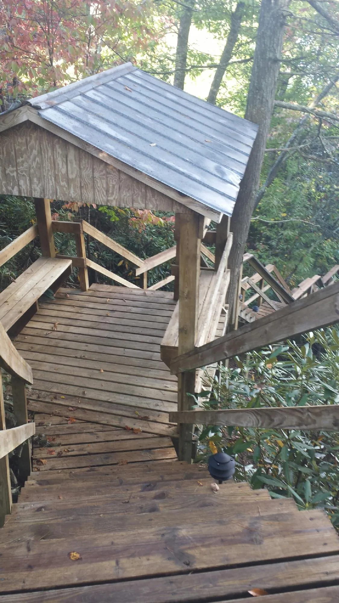 Metal roofed shelter over wooden steps on a wooded walkway — Skylight Repair & Installation work by our crew in Kershaw